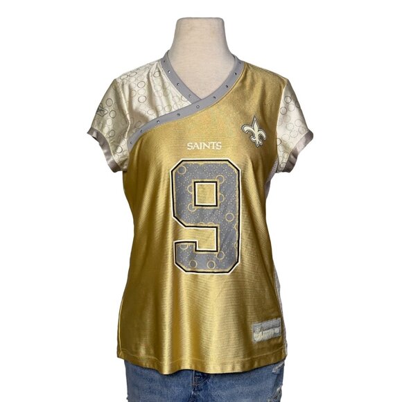 Reebok Saints Gold Silver Drew Brees No. 9 Rhinestone NFL Football Jersey Size M - Picture 1 of 13